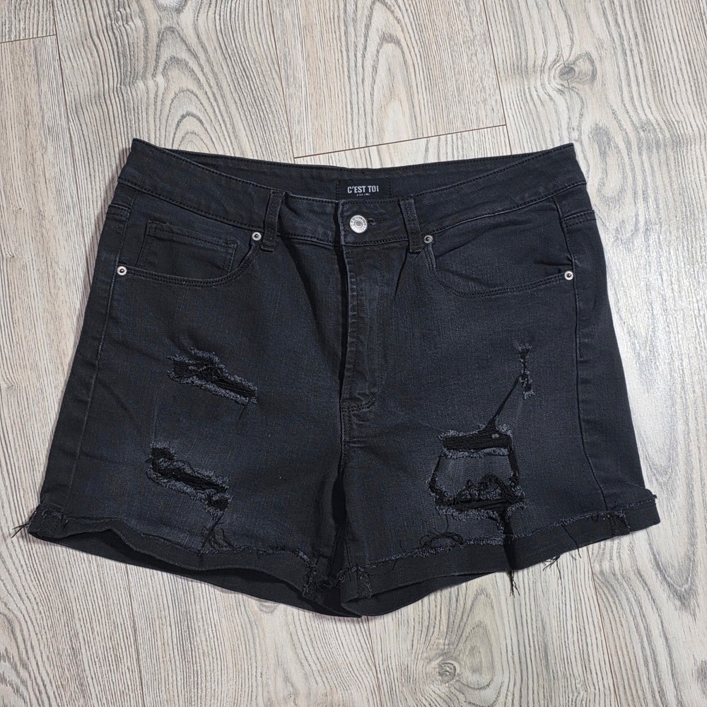 C'est Toi Black Label Distressed Black Denim Shorts - Size Large